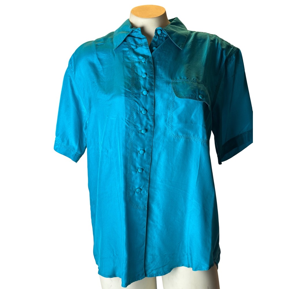 Winner Womens Turquoise Blue 100% Washed Silk Short Sleeve Button Down Shirt M